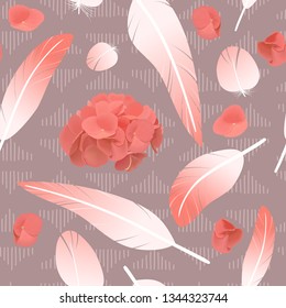 Pink rose feathers seamless pattern fluffy twirled spotted feathers and hydrangea flowers,