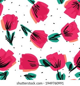 Pluma Rosa Rosa Felt Vector patrón sin inconvenientes. Fondo del tejido tulipán. Plantilla de marcadores de San Valentín rojo. Textura de papel de jardín de flores.