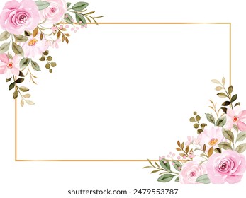 Pink Rose Floral Frame with Watercolor. Watercolor floral frame wreath - flowers, leaves and branches with gold geometric shape, for wedding invites, greetings, wallpapers, fashion, background.