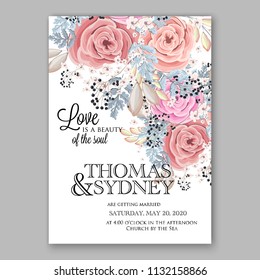 Pink rose Floral wedding invitation or greeting card/ Wreath of flower for marriage baby shower bridal shower invitation, party celebration vector printable template watercolor background