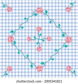 Pink Rose  Flower Blue Gingham Patterns Background Editable Stroke. Vector Illustration Tablecloth, Picnic mat, Fabric pattern, Textile