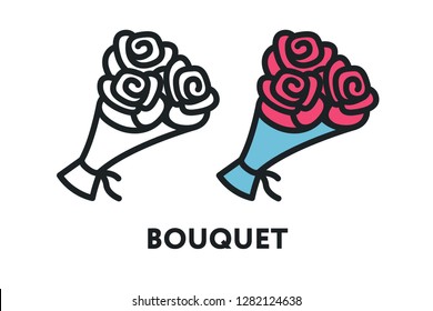 Pink Rose Flower Bouquet Blue Wrapping. Vector Flat Line Stroke Icon.