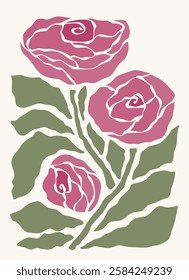 Pink rose flower framed art print hand drawn leaves shapes matisse style, naive art, contemporary background