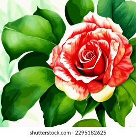 Pink rose flower with green leafs, painting in watercolor style, vector EPS 10 illustration