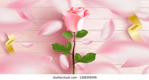 Pink rose flower with green leaves, ribbon, rose petals flying, sketch style vector illustration isolated on Pink wood floor, symbol of love, Happy Valentine's Day.