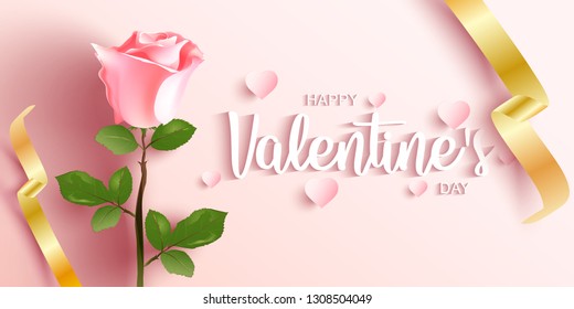 Pink rose flower with green leaves and ribbon, sketch style vector illustration isolated on pink background, symbol of love, Happy Valentine's Day.