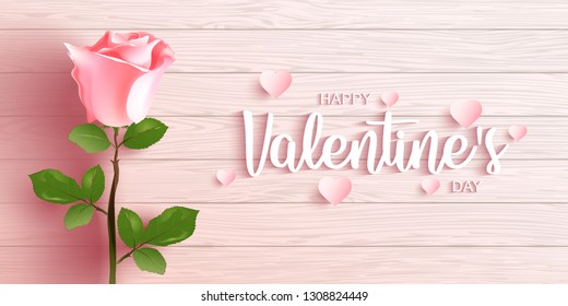 Pink rose flower with green leaves, sketch style vector illustration isolated on Wooden floor, symbol of love, Happy Valentine's Day.