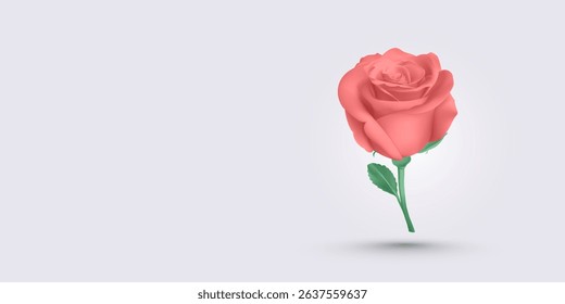 Pink Rose Flower With Green Stem And Leaves. Symbol Of Love, Romance, And Beauty. Elegant Floral Element For Valentine's Day Or Wedding Design. Vector Illustration.