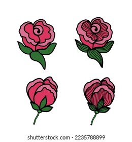 Pink rose flower, hand drawn doodle design set