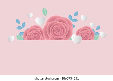 Pink rose flower and heart template. Paper cut art style. Happy Valentine's Day background.