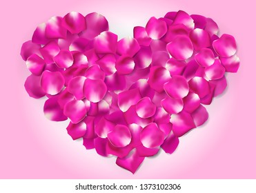 Pink rose flower petals in shape of heart on pink background
