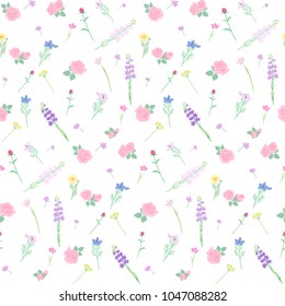 Pink rose and flower seamless pattern