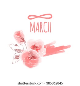 Pink rose flower sketch. Hand Drawn vector illustration. Watercolor background design.