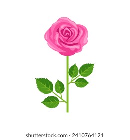 Pink rose flower with stem and leaves. Simple flat icon.