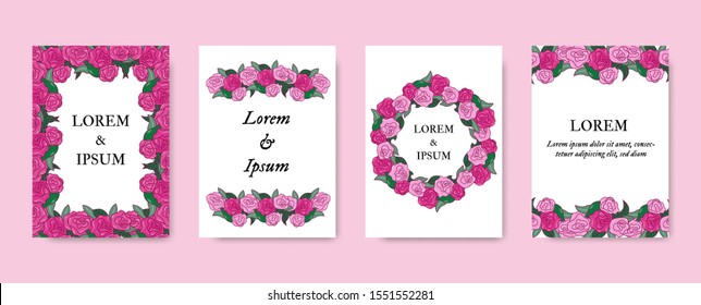 Pink Rose flower vintage set. Beautiful and elegant floral illustration. Frame and background for wedding invitation, greeting cards, flyer, poster, banner.