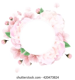 Pink rose flowers background with a round label. Bouquet of peonies with sakura and me-nots, can be used as greeting card with your text, invitation card, summer background with copy space.