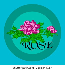 rosafarbene Rosenblumen in einem Kreis auf blauem Hintergrund. Vektorgrafik