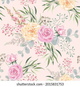 Pink rose flowers with green leaves bouquets, light background. Floral illustration. Vector seamless pattern. Botanical design. Nature summer plants. Romantic wedding