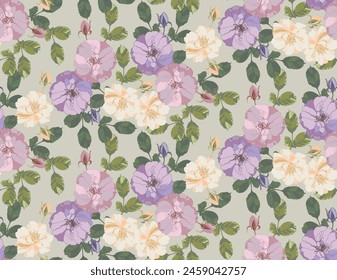 Pink rose flowers seamless pattern on green background for wrapping paper, print wallpaper and textile