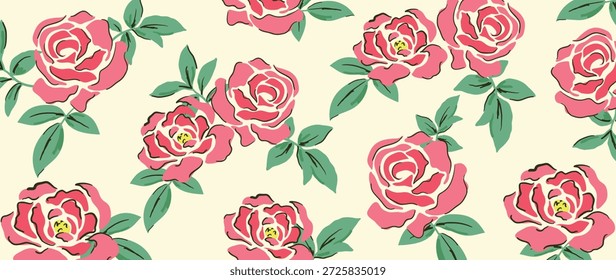 Patrón floral inconsútil del Vector de las flores rosadas con el fondo crema, flores dispersas, hojas verdes. Diseño fresco del fondo del verano de la primavera para el Fondo de pantalla, tela, envoltura, Web.
