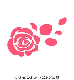 Pink rose with flying petals isolated on white background. Flat design for poster or t-shirt. Vector illustration