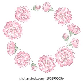 Pink rose frame with hand-drawn flowers and buds