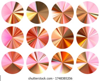 Pink rose gold circle gradients vector set. Metallic pink gold foil texture gradient swatches. Shiny metallic rose gold round gradients collection for background, frame, banner, label, flyer, card.