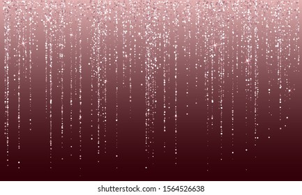 Pink rose gold glitter confetti holiday lights wedding background. Pink gold sparkle dots glitter festoons luxurious invitation card border. Confetti dust falling, rose gold garlands vertical lines.