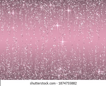 Pink rose gold glitter confetti holiday lights wedding background. Pink gold sparkle dots glitter tinsels luxurious invitation card border. Confetti dust, rose gold dot stars lines.