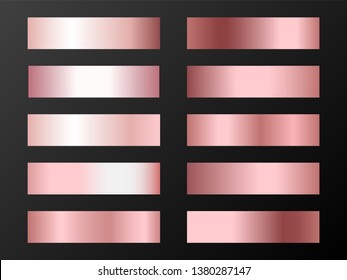 Pink rose gold gradients vector set. Metallic pink gold foil texture gradient swatches. Shiny metallic rose gold gradients collection for background, cover, frame, ribbon, banner, label, flyer, card.