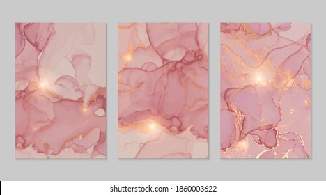 Pink, rose, gold marble abstract backgrounds. Set of alcohol ink technique vector stone textures. Modern paint with glitter. Template for banner, poster design. Fluid art painting