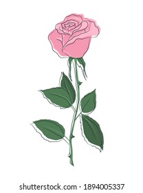 Pink rose with green leaves on a white background. Summer  flowers. Outline drawing. Contour. Vector illustration