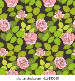 Pink rose with green leaves seamless floral pattern.