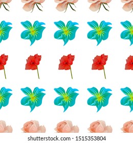 Pink Rose. Green Plumeria. Red Amaryllis. Vector illustration. Seamless background pattern. Floral botanical flower. Wild leaf wildflower isolated. Exotic tropical hawaiian jungle. Fabric wallpaper.