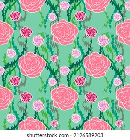 Pink rose and green thorn seamless pattern with green background.