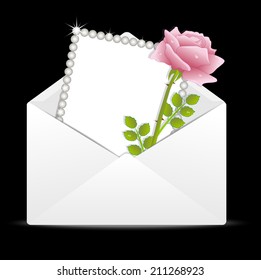 pink rose and greeting-card in an envelope, vector illustration