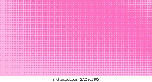 Pink rose halftone pattern. Retro comic gradient background. Pixelated dotted texture overlay. Cartoon pop art faded gradient pattern. Vector backdrop for poster, banner, advertisement