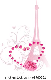 Pink rose with heart and Eiffel tower. Holiday composition for Valentines day. Vector