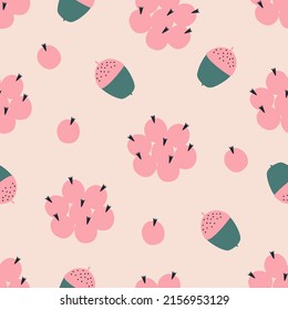 Pink rose hip and acorns hand drawn vector illustration. Colorful autumn seamless pattern for kids.