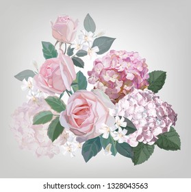 Pink rose and hydrangea beautiful bouquet  vector illustration