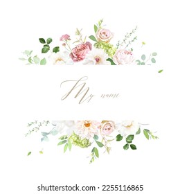 Pink rose, hydrangea, dahlia, white peony, magnolia, ranunculus, spring garden flowers, eucalyptus, greenery, fern, vector design frame. Wedding summer collection. Elements are isolated and editable