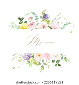 Pink rose, hydrangea, dahlia, white peony, magnolia, ranunculus, spring garden flowers, eucalyptus, greenery, fern, vector design frame. Wedding summer collection. Elements are isolated and editable