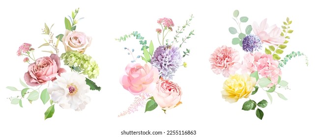 Pink rose  hydrangea  white peony  magnolia  hyacinth  ranunculus  spring garden flowers  eucalyptus  greenery vector design bouquets Wedding summer collection  Elements are isolated   editable