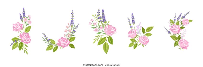 Pink Rose and Lavender Twig Floral Composition Vector Set
