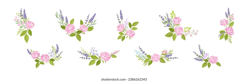 Juego de vectores de composición floral de rosa y lavanda