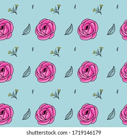 Pink rose and leaves hand drawn seamless pattern - Retro floral illustration vector doodle graphic print - Spring flower, botanical wallpaper and abstract nature design concept