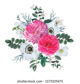 Pink rose with leaves isolated on white background vector illustration