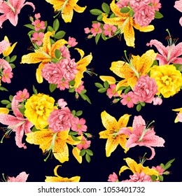 pink Rose and lily seamless pattern Vector