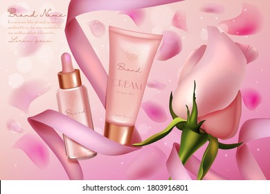 Pink rose luxury cosmetics vector illustration. Beauty cosmetic product promo poster with skin care cream serum in glass bottle and plastic tube packaging, soft pink ribbon and rose flower background