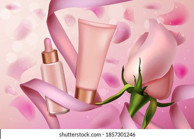 Pink rose luxury cosmetics vector illustration. Beauty cosmetic product promo poster with skin care cream serum in glass bottle and plastic tube packaging, soft pink ribbon and rose flower background